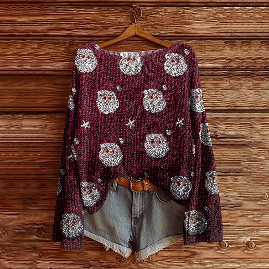 Women's Christmas Print Lightweight Sweater Casual Long Sleeve Knitted Pullover
