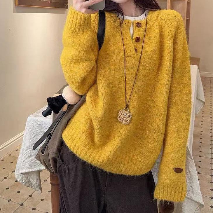 Autumn-Winter Loose Knit Pullover Sweater with Three Buttons - Korean Style Women's Top