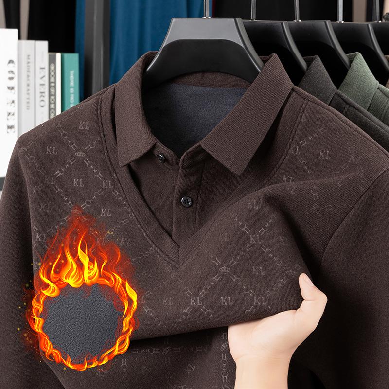 Fleece-Lined Two-Piece Lapel Polo Shirt: Men's Warm Autumn/Winter Casual Print Top