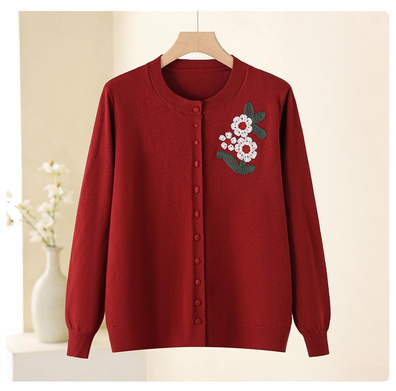 2026 Spring Embroidered Knit Sweater for Middle-aged & Elderly Women - Soft, Loose Button-up Top