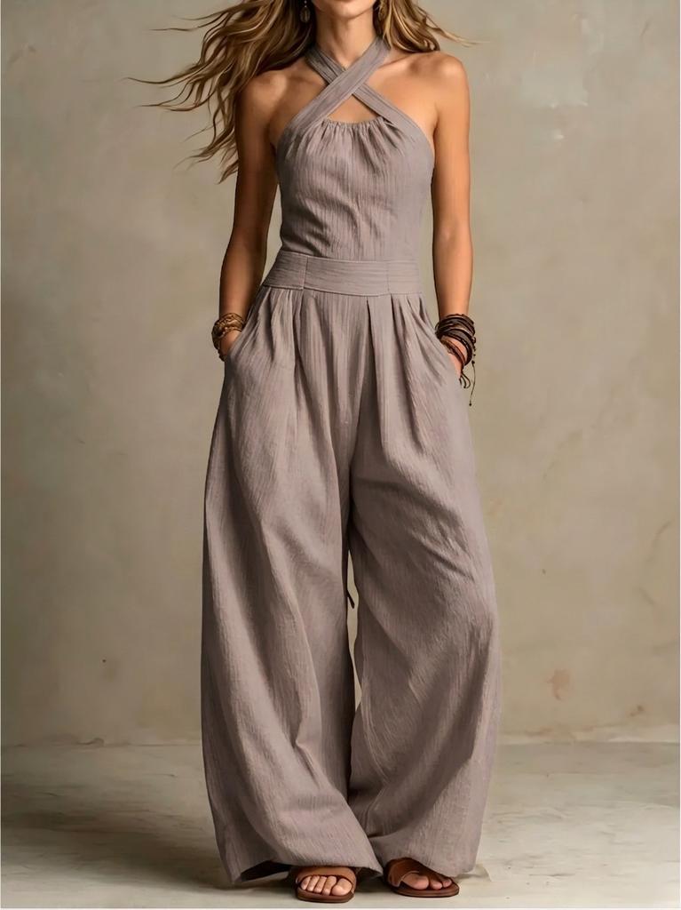 2026 summer new neck cross jumpsuit, European and American style waist back wide-leg pants, cross-border women's clothing