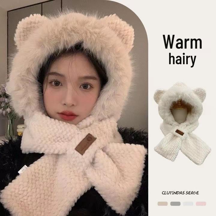 Korean-Style Cute Bear Plush Hat & Scarf Set for Women - Cozy Autumn/Winter Wear
