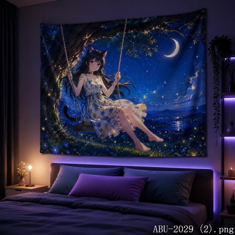 Starry Moon Anime Girl Aesthetic Tapestry Dreamy Galaxy Cartoon Wall Hanging Teen Dorm Bedroom Otaku Home Wall Decor
