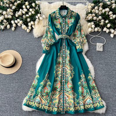 New Vintage Autumn Green Flower Printed Shirt Collar Dress For Women Single Breasted Lantern Sleeve Belt Holiday Midi Robe