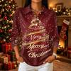 Casual Damesblouse met Kerstprint, Knoopsluiting, Driekwartmouwen en Kraag voor Feestdagen