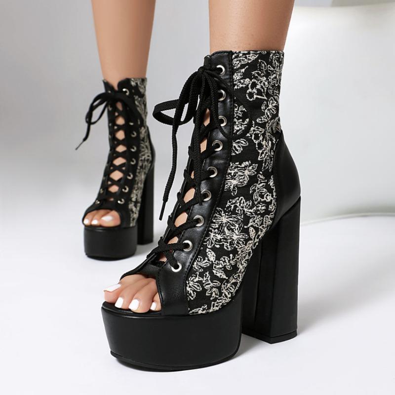 New Super High Heels 14.5cm Sandals for Women Fish Mouth Strap, Bare Cool Boots, Front Strap, Floral Women Platform Sandals