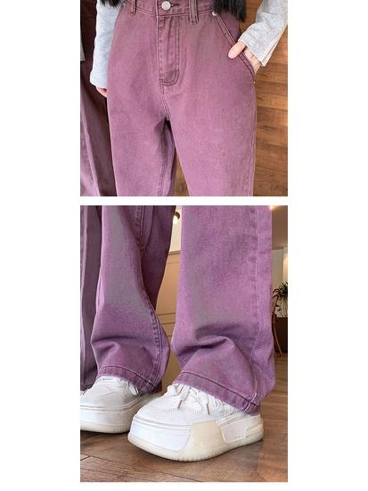 2025 Spring Women's High-Waisted Purple Wide-Leg Denim Pants - Trendy Casual Floor-Length Style