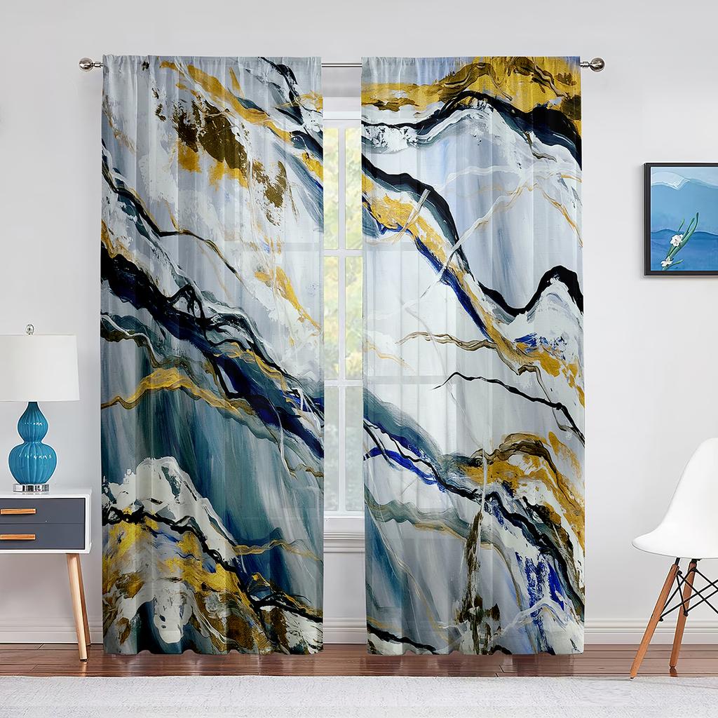 Marmor Guld Grå för Kök Vardagsrum Sovrum Inredning Abstrakt Modern Lyx Geometrisk Chiffong Tyll Gardiner Fönsterbehandling