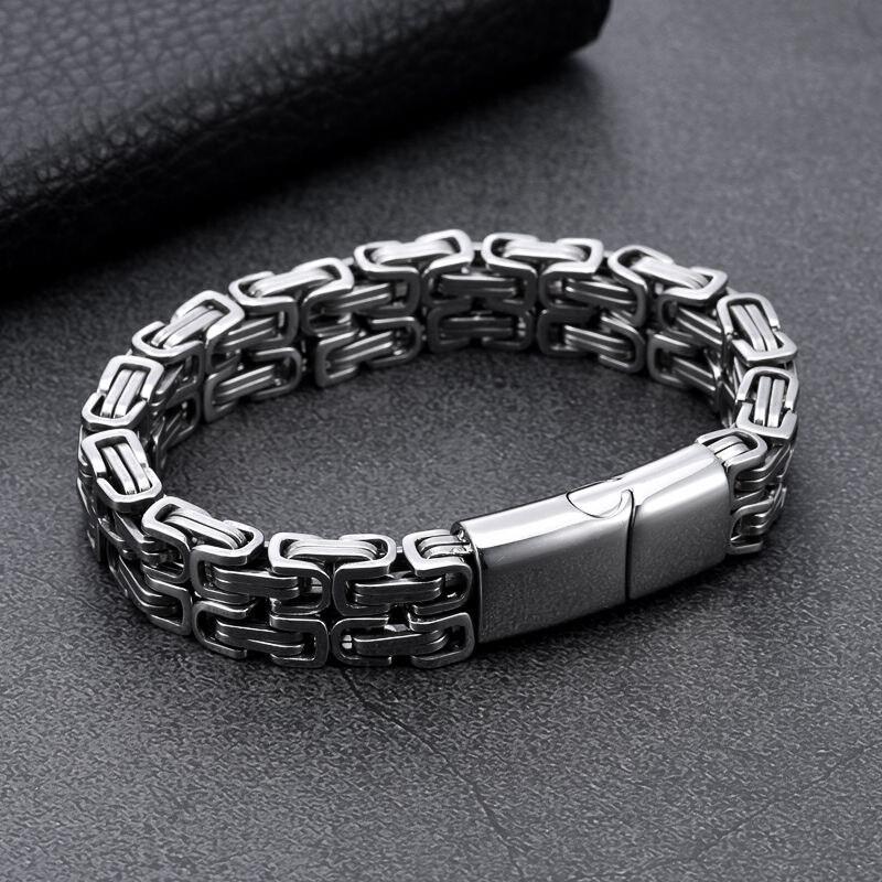 Stainless Steel Punk Byzantine Double Row Magnetic Clasp Bracelet Men Geometric Design Titanium SteelChain Handmade