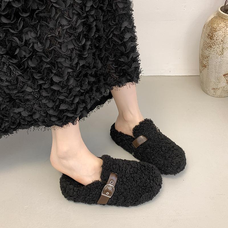 Internet Celebrity Baotou Hairy Half Drag Women's Autumn New Korean Version Flat-bottomed Casual Outer Wear Women's Slippers One Foot Lazy Shoes