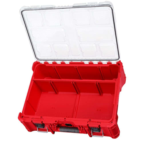 48-22-8432 Milwaukee Packout Deep Organizer, 50 Lb Weight Capacity, IP65 Rated Protection, Reinforced Hinges, 6 Dividers, 3 Large and 3 Small.
