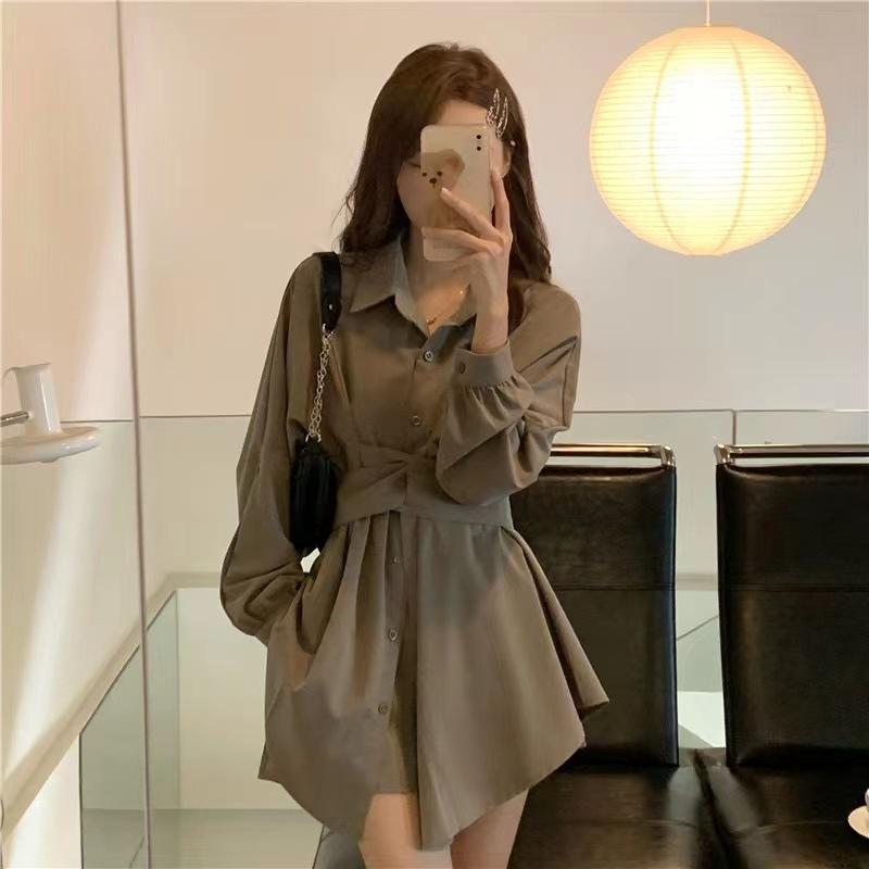 Women's Elegant Slim-Fit Long-Sleeve Shirt Dress: Waist-Cinching, Irregular Hem, French Style for Spring and Autumn