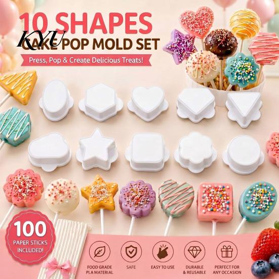 Parent Child Craft Activity Supplies 10PCS Cake Pop Mold Set, Heart/Cloud/Star/Square/Round Shape, PLA Press-forming Baking Diy Dessert Press