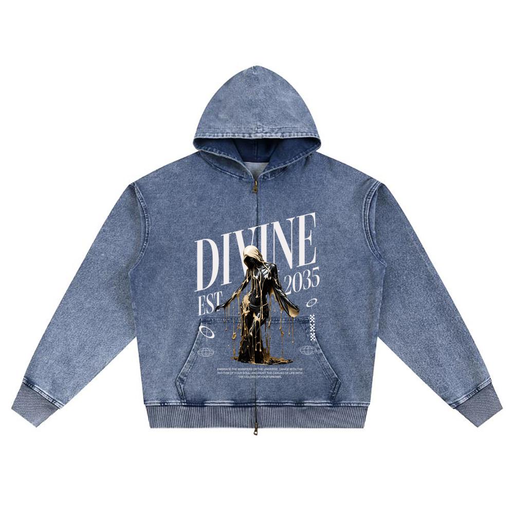 DTG Print Knitted Denim Zip-Up Hoodie Angel Streetwear Brother Print Zipper Hoodies  