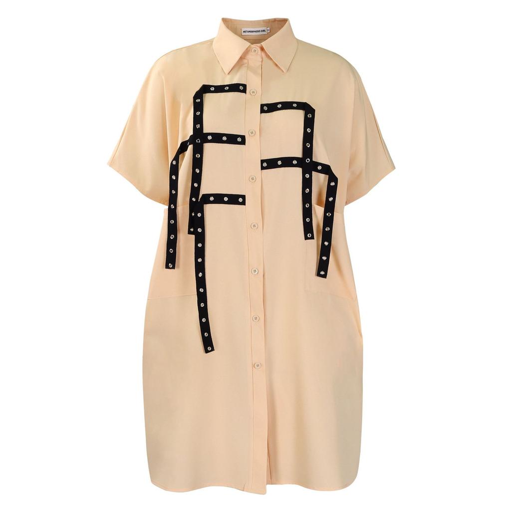 Women Short Sleeve Shirt Dress with Bow Tie Belt and Pockets Solid Color Casual Dress