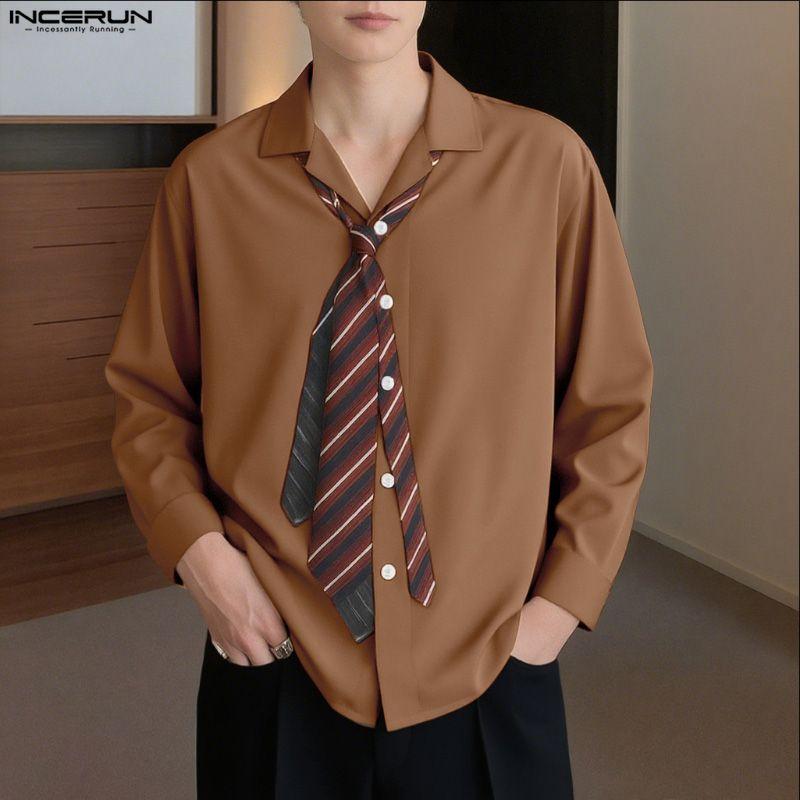 INCERUN Oversized Men Lapel Neck Long Sleeve Striped Print Buttons Up Casual Shirts
