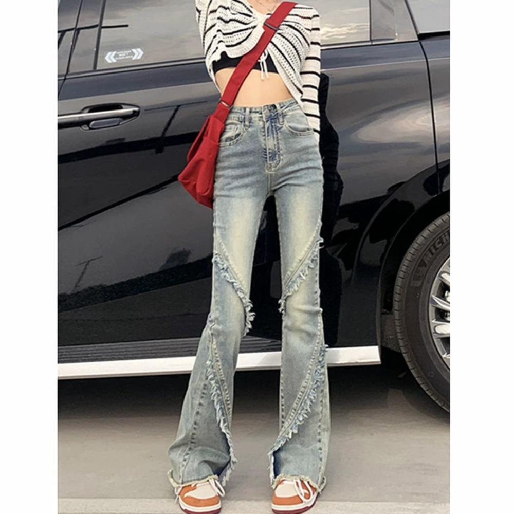 

Джинсы с необработанным краем, слегка вытянутые, женские, новые весенне-осенние, американские ретро, брюки-подковы, облегающие и стройнящие, расклешенные джинсы XL
