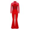 Girls Jazz Dance Jumpsuit: Mock Neck Long Sleeve with Cutout Back & Invisible Zipper, Sheer Mesh Sequins Bodice & Split Bell-Bottoms