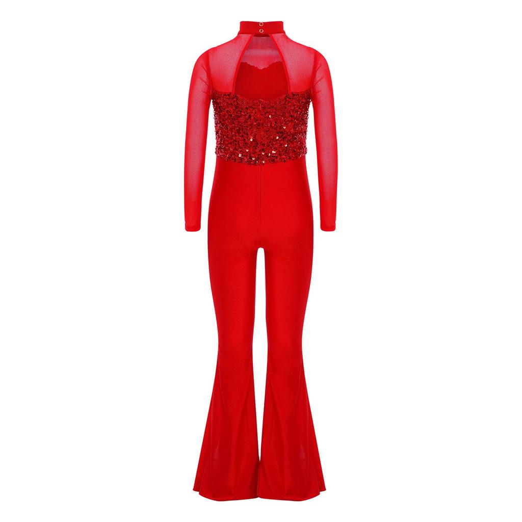 Girls Jazz Dance Jumpsuit: Mock Neck Long Sleeve with Cutout Back & Invisible Zipper, Sheer Mesh Sequins Bodice & Split Bell-Bottoms