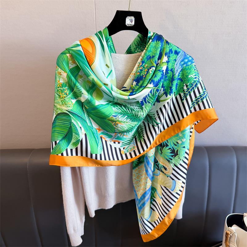 Tropical Jungle Simulation Silk Premium 111cm Large Square Scarf Silk Scarf Printed Shawl Sunscreen Scarf Headscarf Scarf