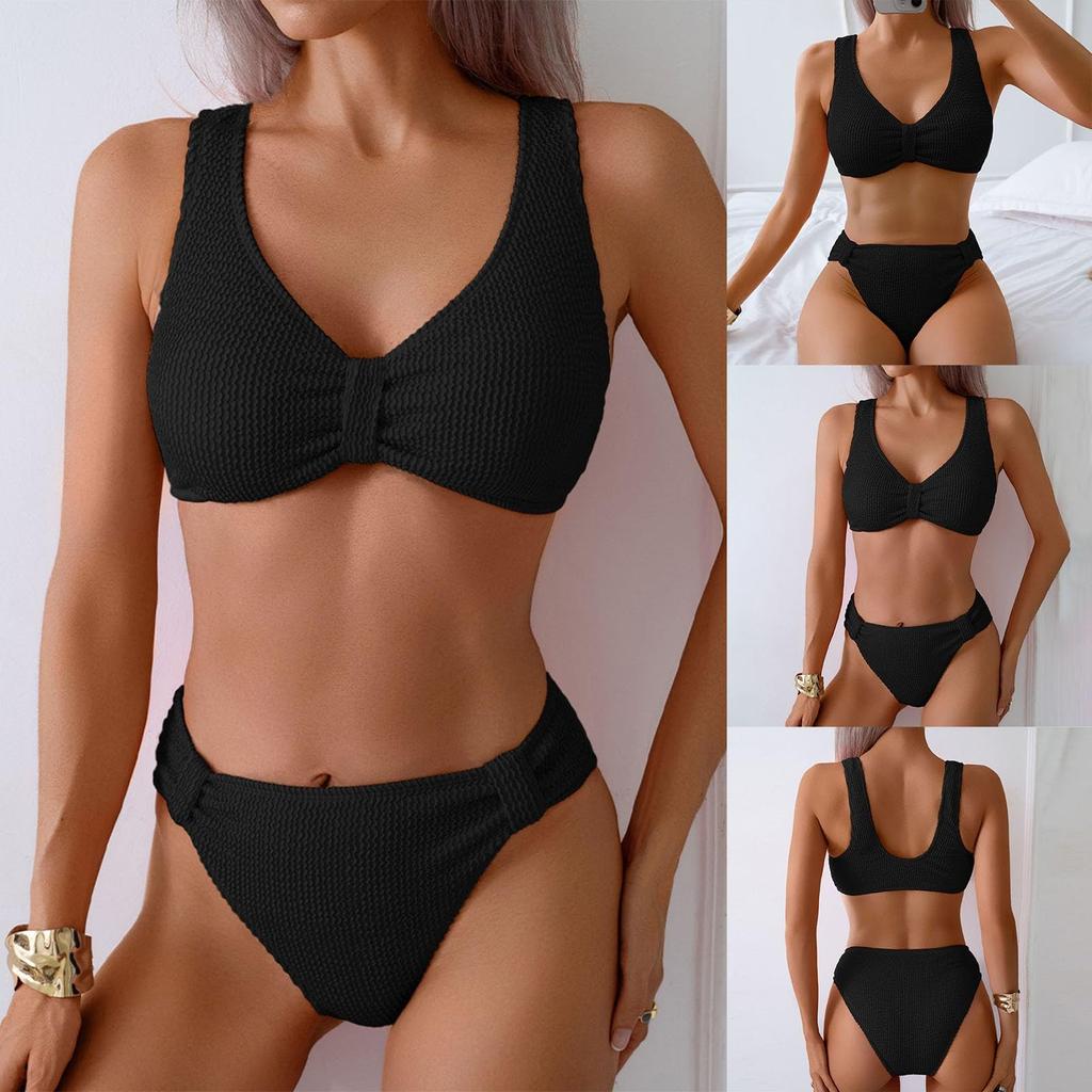 Women's Ribbed Knit Bikini Set Two Piece Swimsuit with V-Neck Top and High Waist Bottoms Swimwear for Beach