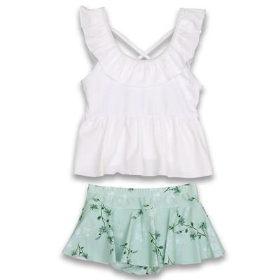 Kids Swimsuit for Flared Back Kids441 White X [Teddy] Girls, 2-piece Set, Skirt, Sleeveless, Ruffle, (140cm, Mint)