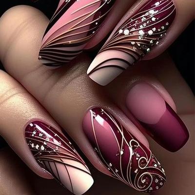 24 Pieces Line Pattern Fake Nail Wearing Nail Removable Nail Piece European and American Nail Piece Short Almond Nail Patch