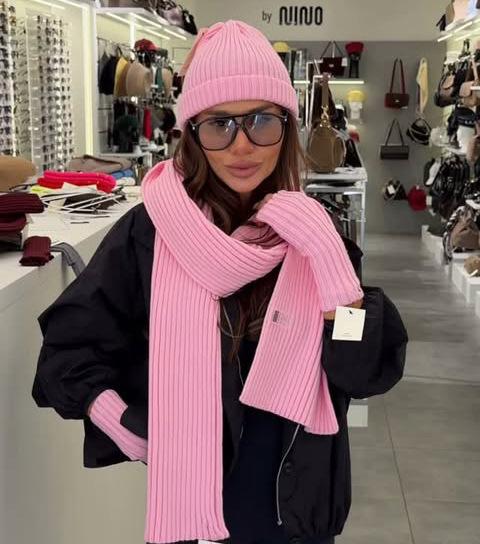 Winter wind solid color threaded knitted hat scarf two-piece set women's warm wool hat scarf set