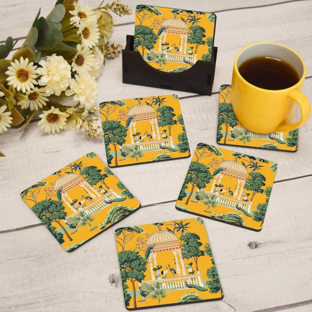 Tea Coasters Set of 6, Beautiful Design with Stand for Tea Cups, Coffee Mugs, and Glasses, Ideal for Diwali Gifting (Eden Garden)