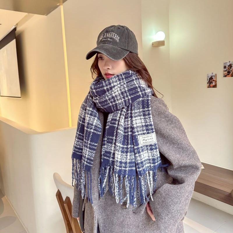 Women's Faux Cashmere Plaid Scarf - Korean Style, Thick & Warm Autumn/Winter Shawl