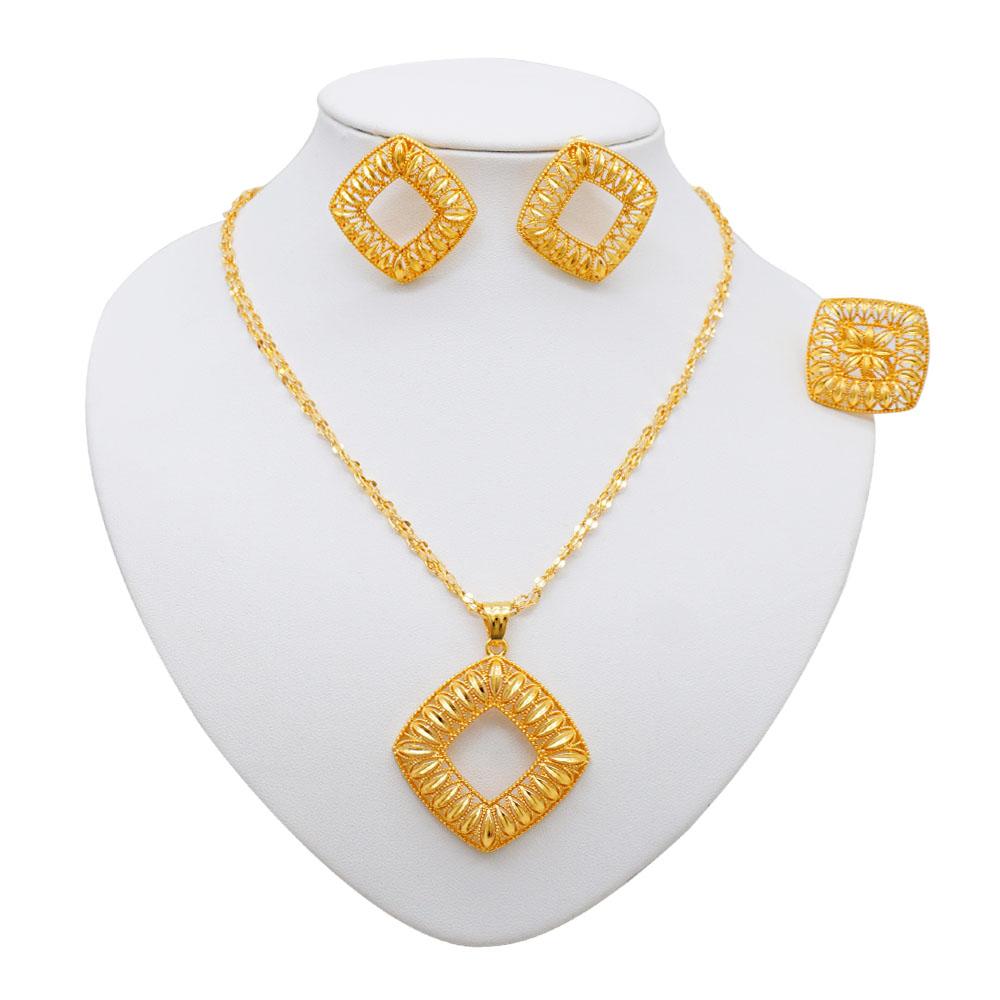 Ethiopia Dubai Gold Color Jewelry Set For Women Flower Pendant Ring Earrings 3 Piece Wedding Jewelry Accessories Jewelry