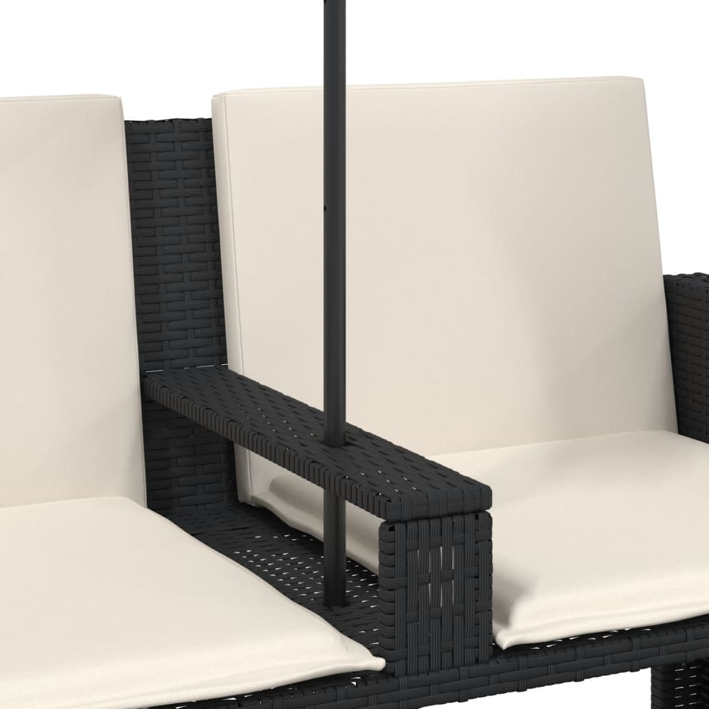 2 Seater Garden Sofa with Sun Umbrella and Footstools Black Poly Rattan