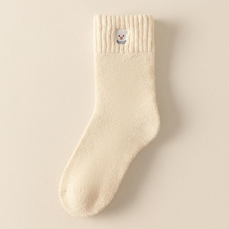 Embroidered Bear Socks Medium Tube Socks Season Warm Wool Socks Piled And Thickened Terry Cute Cartoon Stockings
