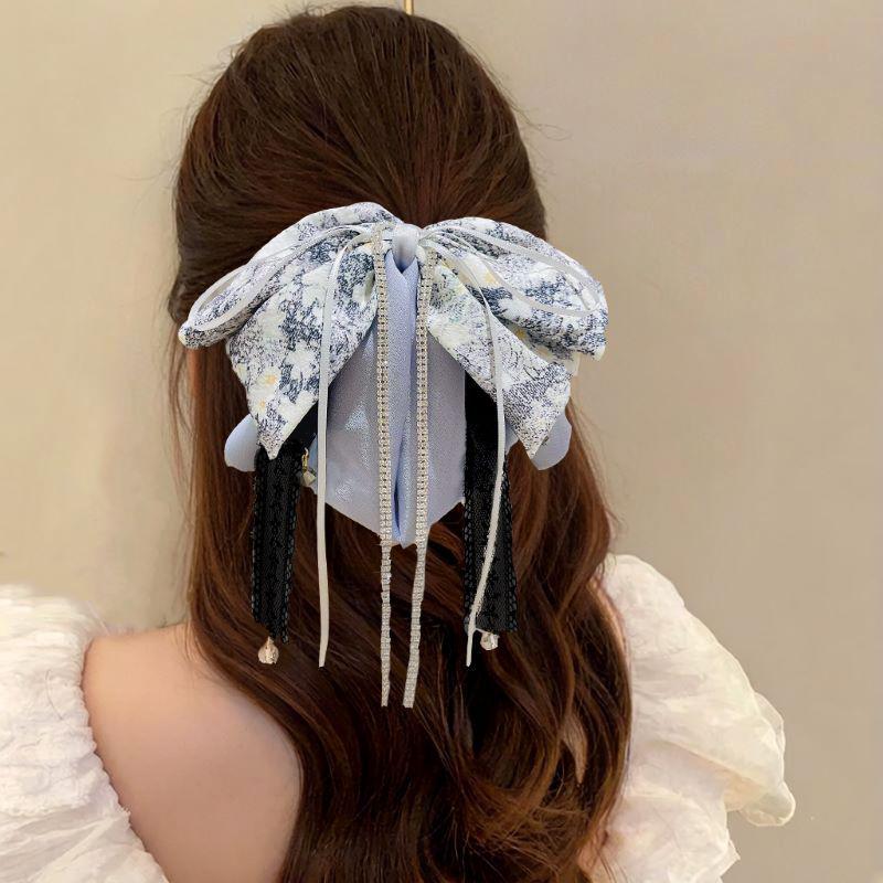 Clips de păr coadă de cal cu fundă florală din șifon făcută manual pentru păr voluminos