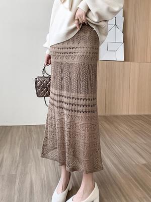 Qooth Dámská krajková dutá pouzdrová sukně Elegantní elastický pas Midi boková sukně pro každé roční období