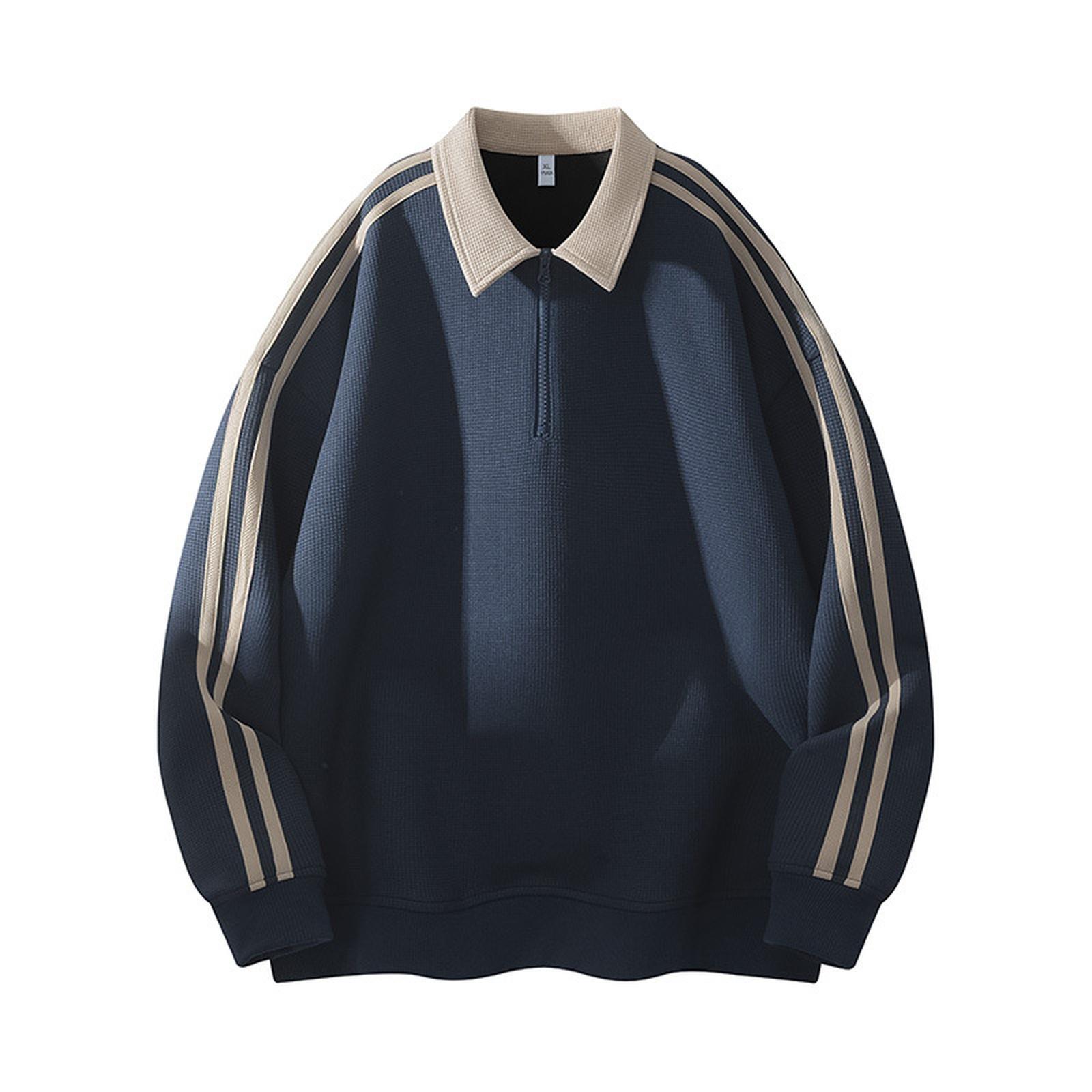 

Дизайн с полосатой вставкой, Лацкан, Свитер, Свободная повседневная куртка, Ретро модная толстовка XXXL тёмно-синий