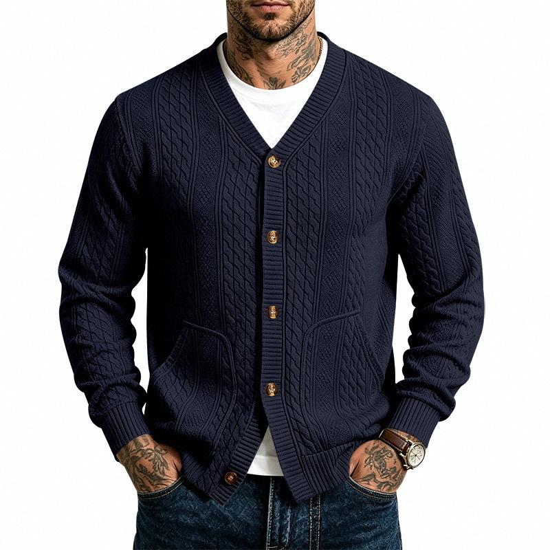 Herren Zopfmuster V-Ausschnitt Cardigan Pullover, Knopfleiste vorne, Zwei aufgesetzte Taschen, Gerippte Bündchen & Saum, Weicher Strick Lässiges Layering Top