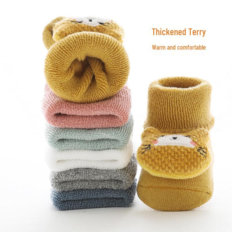 Warm Winter Terry Baby Socks: Cute Non-Slip Mid-Calf Cartoon Design