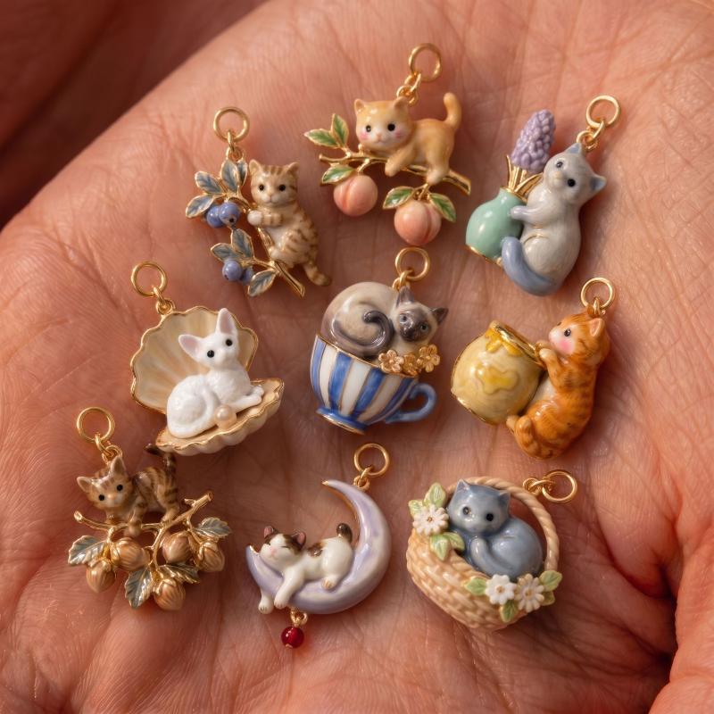 Cute Enamel Cat Charms Hand Painted Details Gold Plated Edges For Cat Lover Gifts Diy Jewelry Making