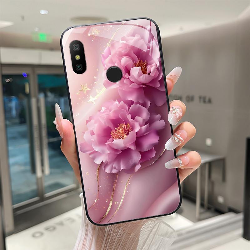 Beautiful Flower Cute Cartoon Cats Case For Xiaomi Mi A2 / Mi A2 Lite Tempered Glass Phone Case Protective Back Cover Hard Shell