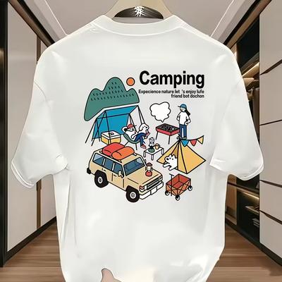 Outdoor Adventure Camping Crew Neck T-shirt Cute Cartoon Nature Scene Cotton Daily Tee