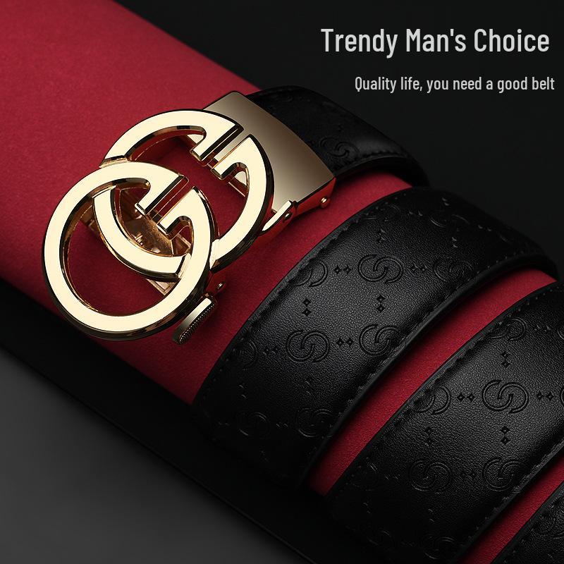 Męski luksusowy dwuwarstwowy pasek ze skóry bydlęcej z automatyczną klamrą i drewnianym pudełkiem prezentowym