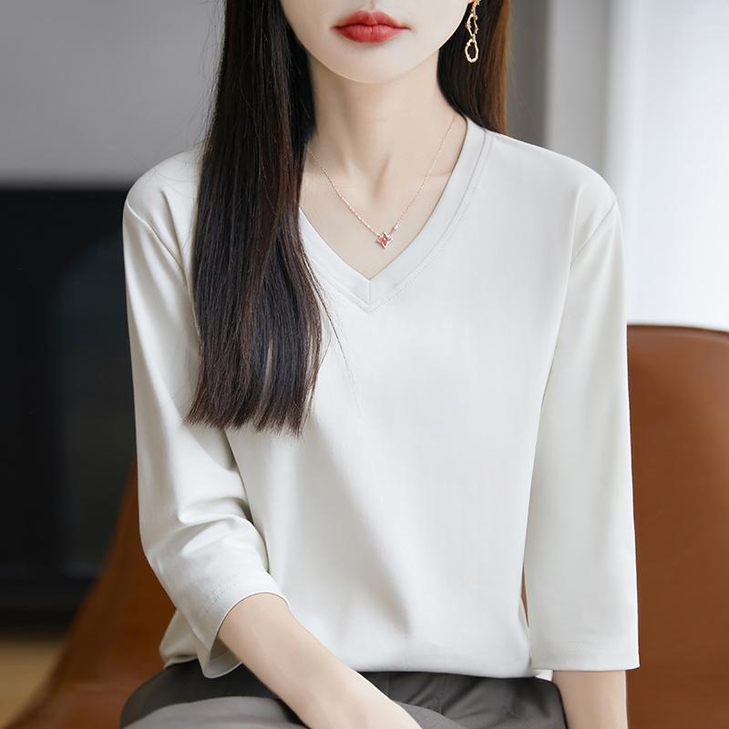 Spring Summer Cotton V-neck T-shirt Short-Sleeved Women's Half-Sleeve Bottoming Shirt High-End Cropped Sleeve Top