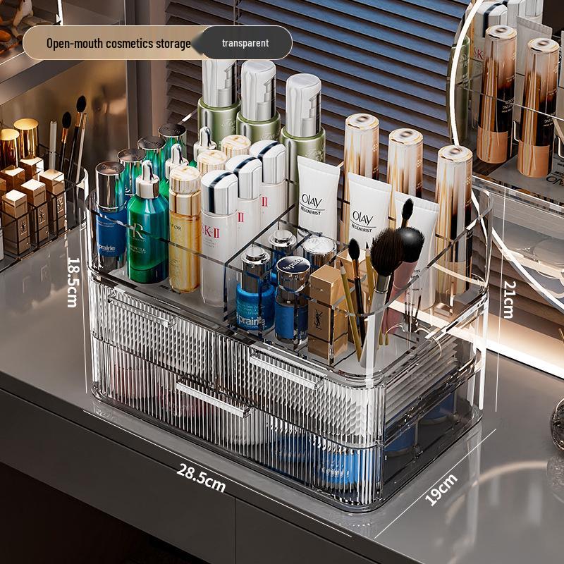 Elegancki dwuwarstwowy pyłoszczelny organizer na kosmetyki z uchylnym wiekiem na makijaż i pielęgnację skóry.