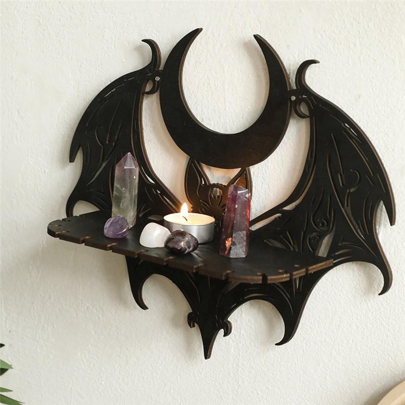 VOFUN-Black Wooden Wall Shelf Gothic Bat Moon Profiling Hollow Pattern Floating Shelf Crystal Holder Goth Witch Room Decor