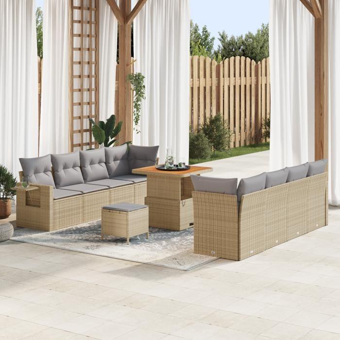 Ensemble de canapé de jardin 11 pièces avec coussins beige poly rotin acacia, Ensemble de salle à manger de jardin 3 pièces 3361717