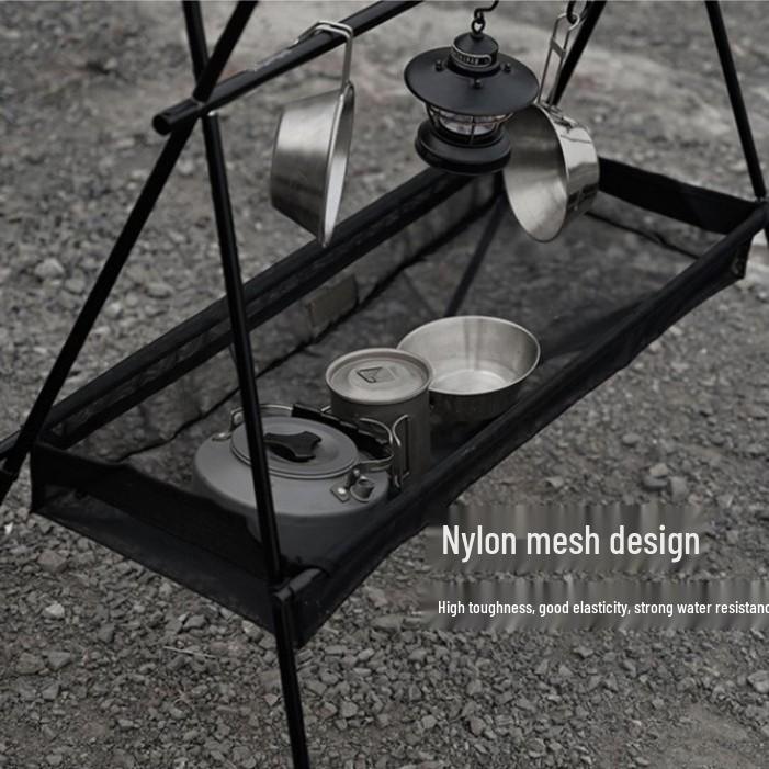 Portable Double-Layer Camping Storage Rack and Folding Lamp Stand