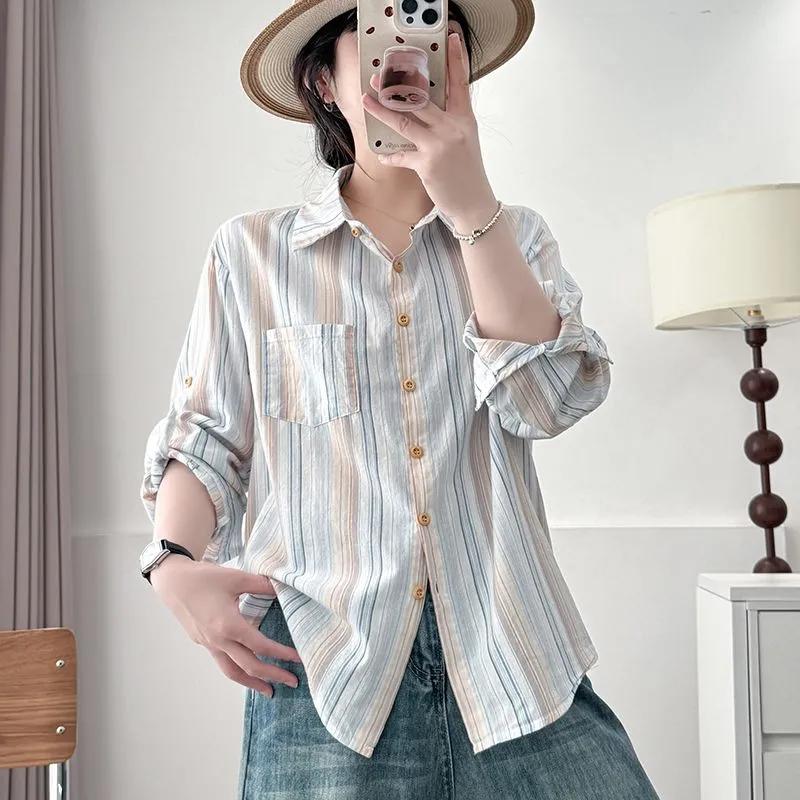 Women Multicolor Striped Button-Up Long Sleeve Shirt S