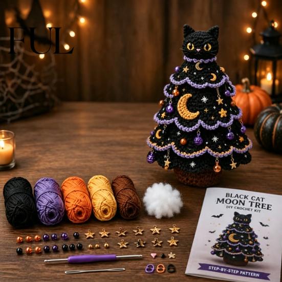 Ghost And Pumpkin Patterns Halloween Tree Crochet Kit, DIY Black Cat Witch Creative Gift for Crafters Hat Crafting Kit Holiday Home Decor, Handmade