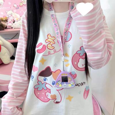 Kawaii Cartoon T-Shirt Hip Hop Rosa T-Shirt Freund Korea T-Shirt Langarm Locker Gestreiftes T-Shirt Streetwear Herbst Oberteile Mädchen